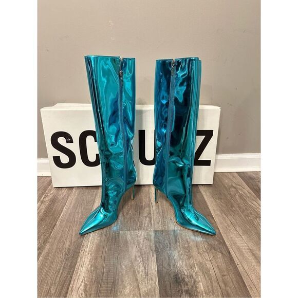 Schutz Mary Mary Up Turquoise Metallic Leather Pointed-Toe Knee-High Boots - Picture 10 of 12